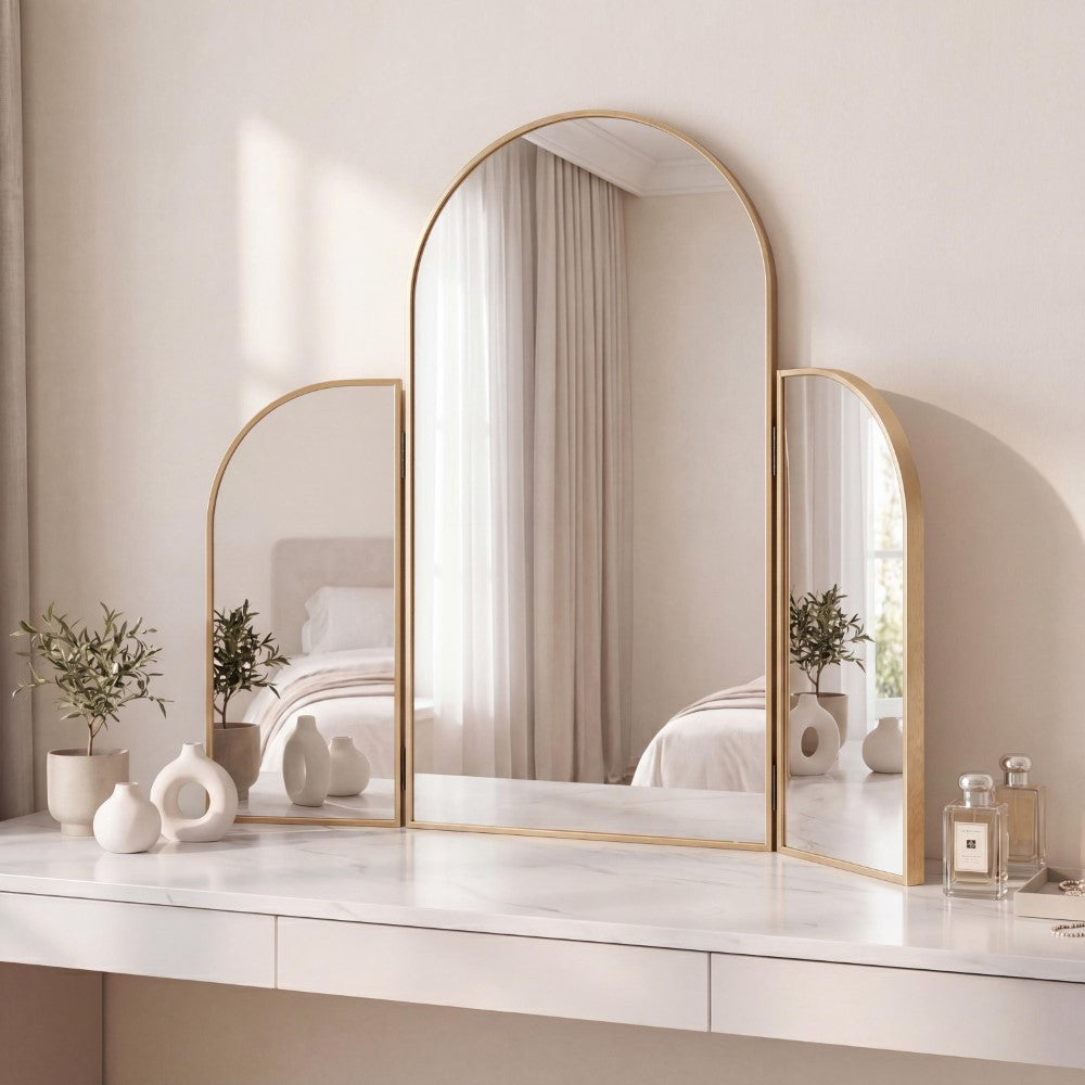 Desertfern 3-Way 28 in. W x 28 in. H Medium Arch Trifold Adjustable Aluminum Alloy Framed Vanity Mirror for Tabletop and Wall Mount