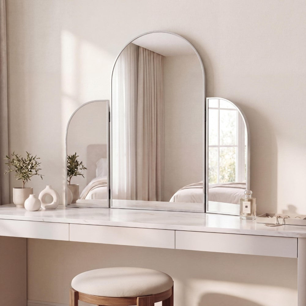 Desertfern 3-Way 28 in. W x 28 in. H Medium Arch Trifold Adjustable Aluminum Alloy Framed Vanity Mirror for Tabletop and Wall Mount
