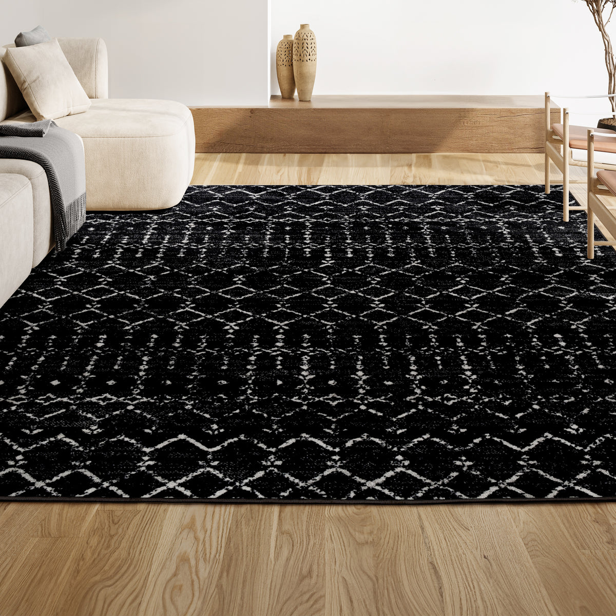 Kolkata Moroccan HYPE Boho Vintage Area Rug Black/Ivory