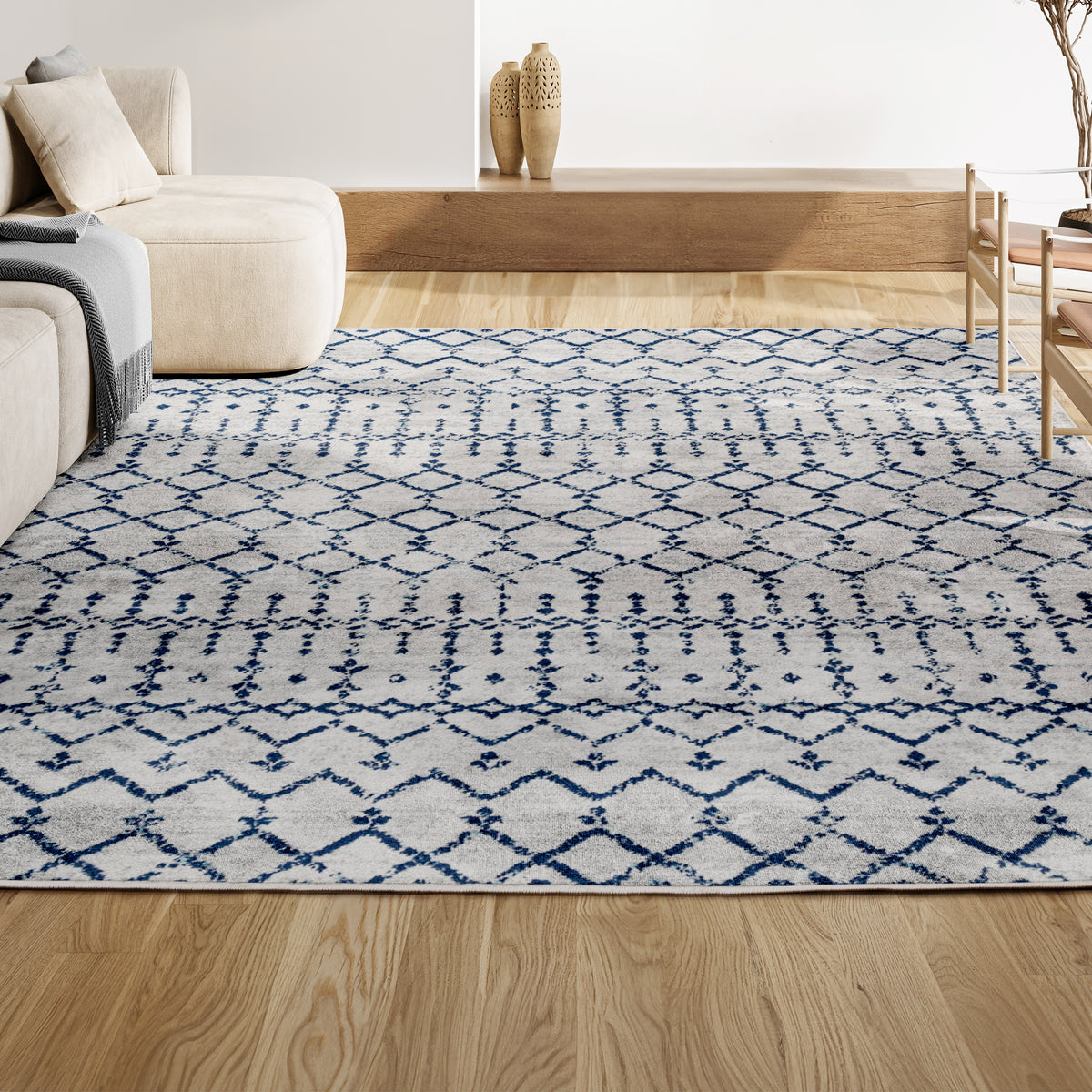 Kolkata Moroccan HYPE Boho Vintage Area Rug Cream/Navy