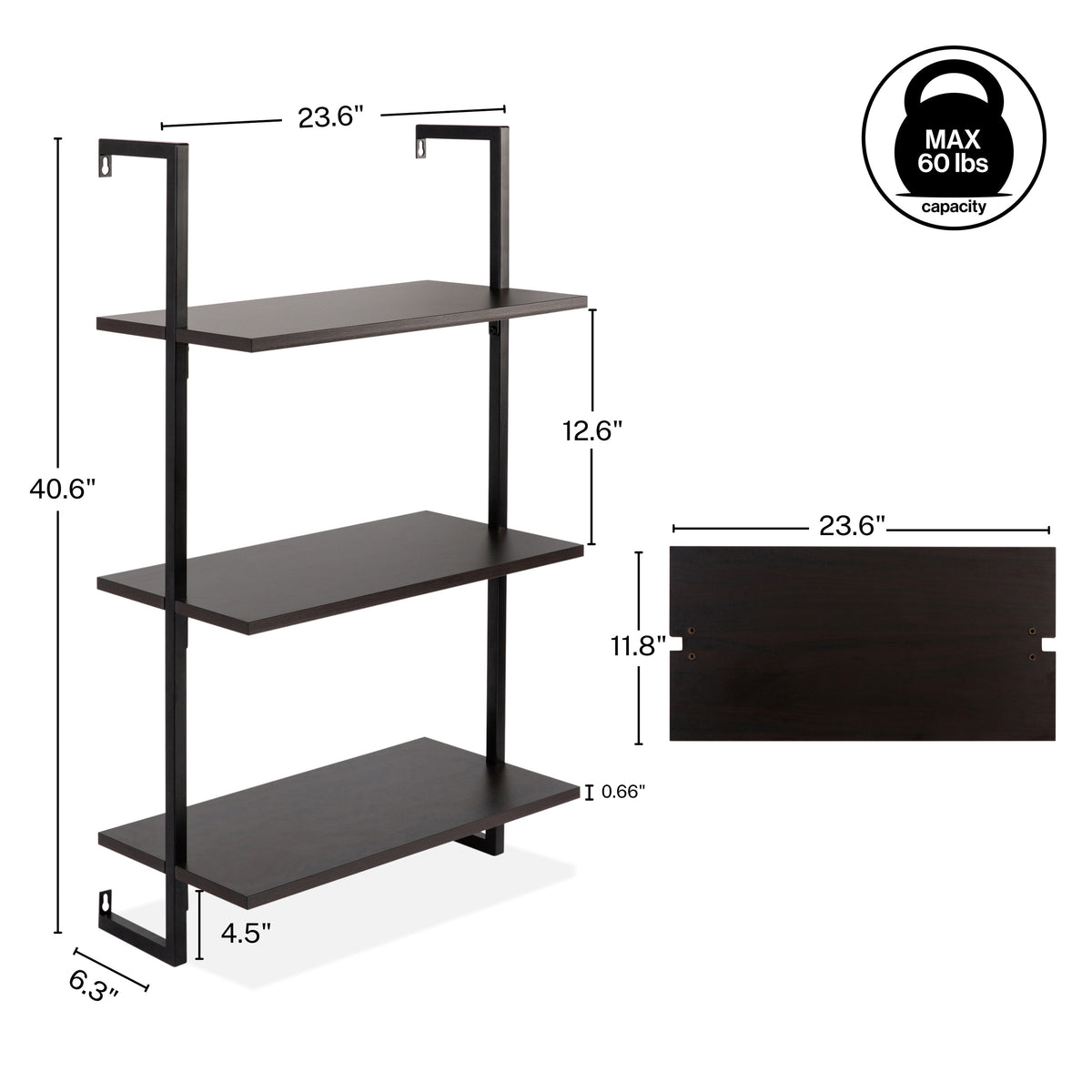 Clancy 40.55" Classic Industrial 3-Shelf Wood Wall-Mounted Open Ladder Bookcase with Metal Frame