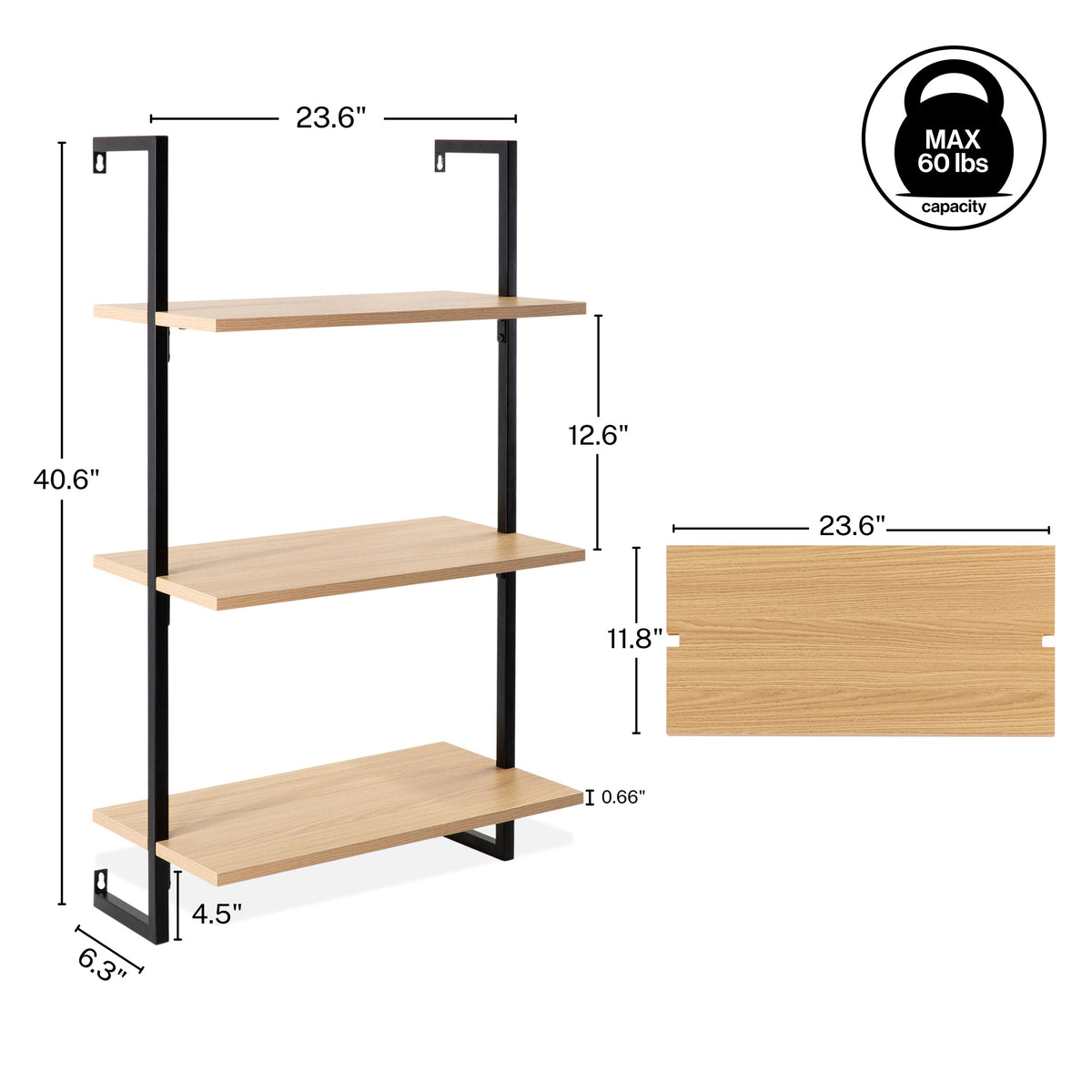 Clancy 40.55" Classic Industrial 3-Shelf Wood Wall-Mounted Open Ladder Bookcase with Metal Frame