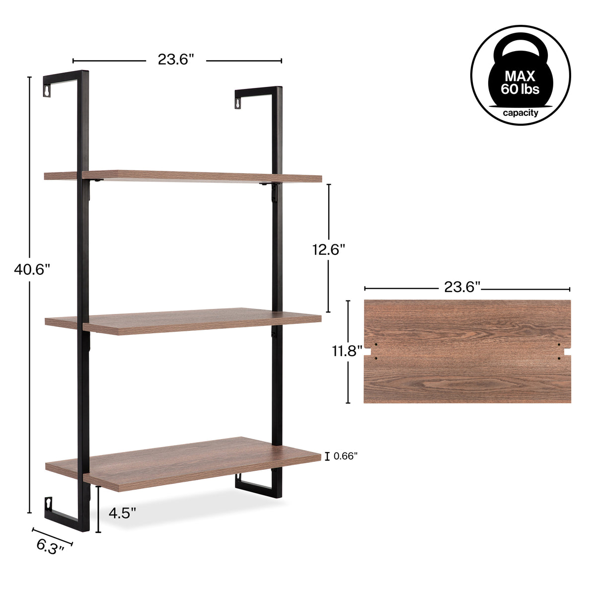Clancy 40.55" Classic Industrial 3-Shelf Wood Wall-Mounted Open Ladder Bookcase with Metal Frame