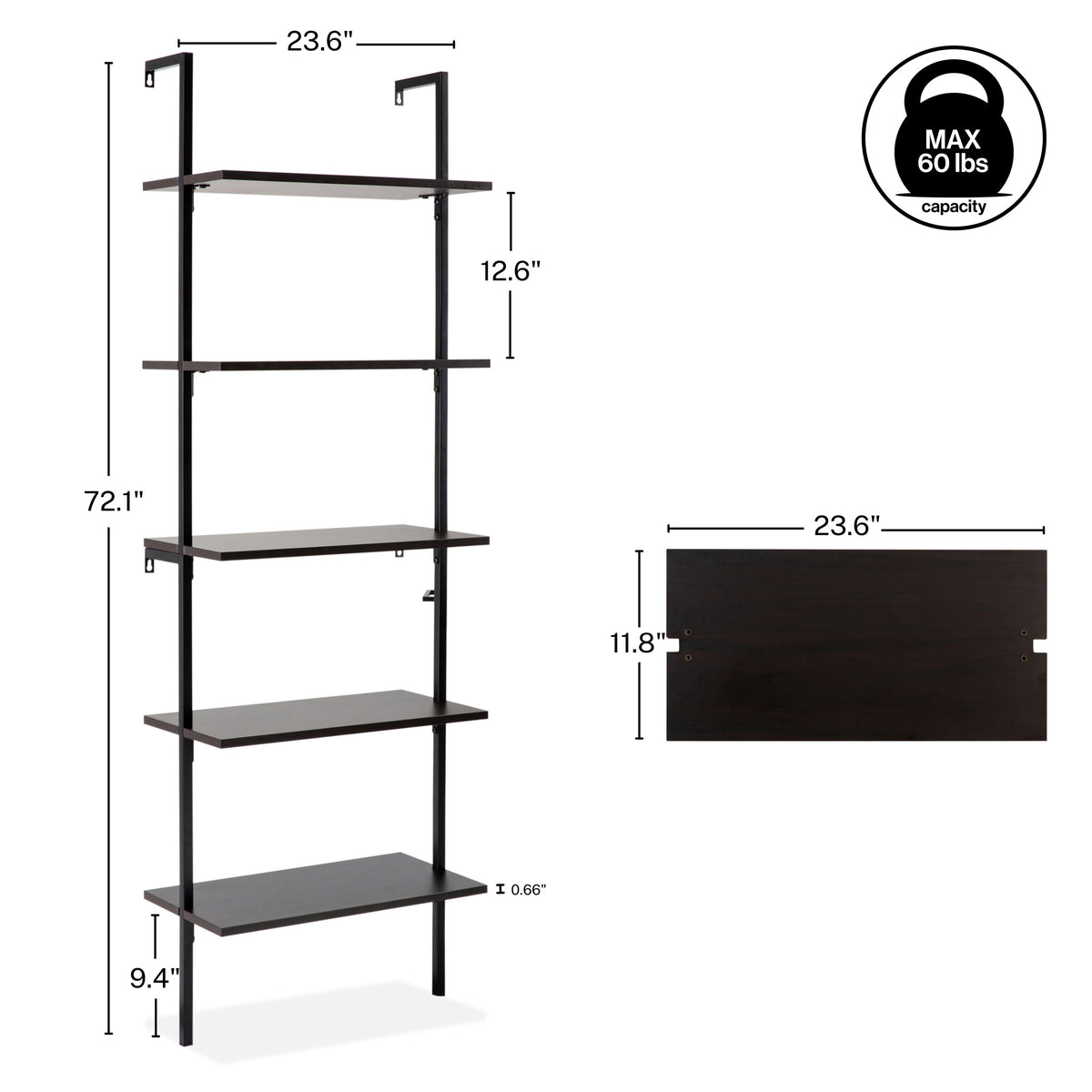 Aarushi 72.05" Classic Industrial 5-Shelf Wood Wall-Mounted Open Ladder Bookcase with Metal Frame