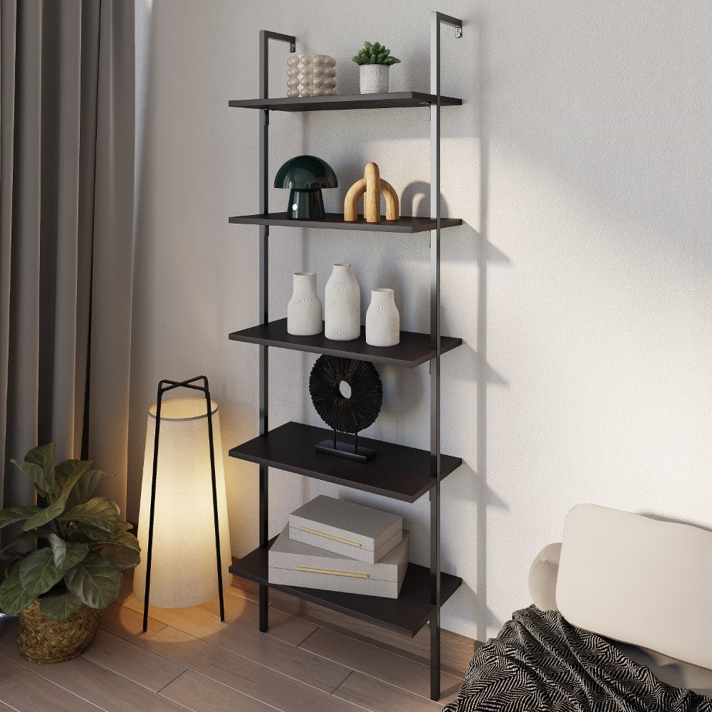 Aarushi 72.05" Classic Industrial 5-Shelf Wood Wall-Mounted Open Ladder Bookcase with Metal Frame