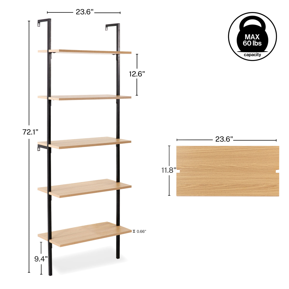 Aarushi 72.05" Classic Industrial 5-Shelf Wood Wall-Mounted Open Ladder Bookcase with Metal Frame