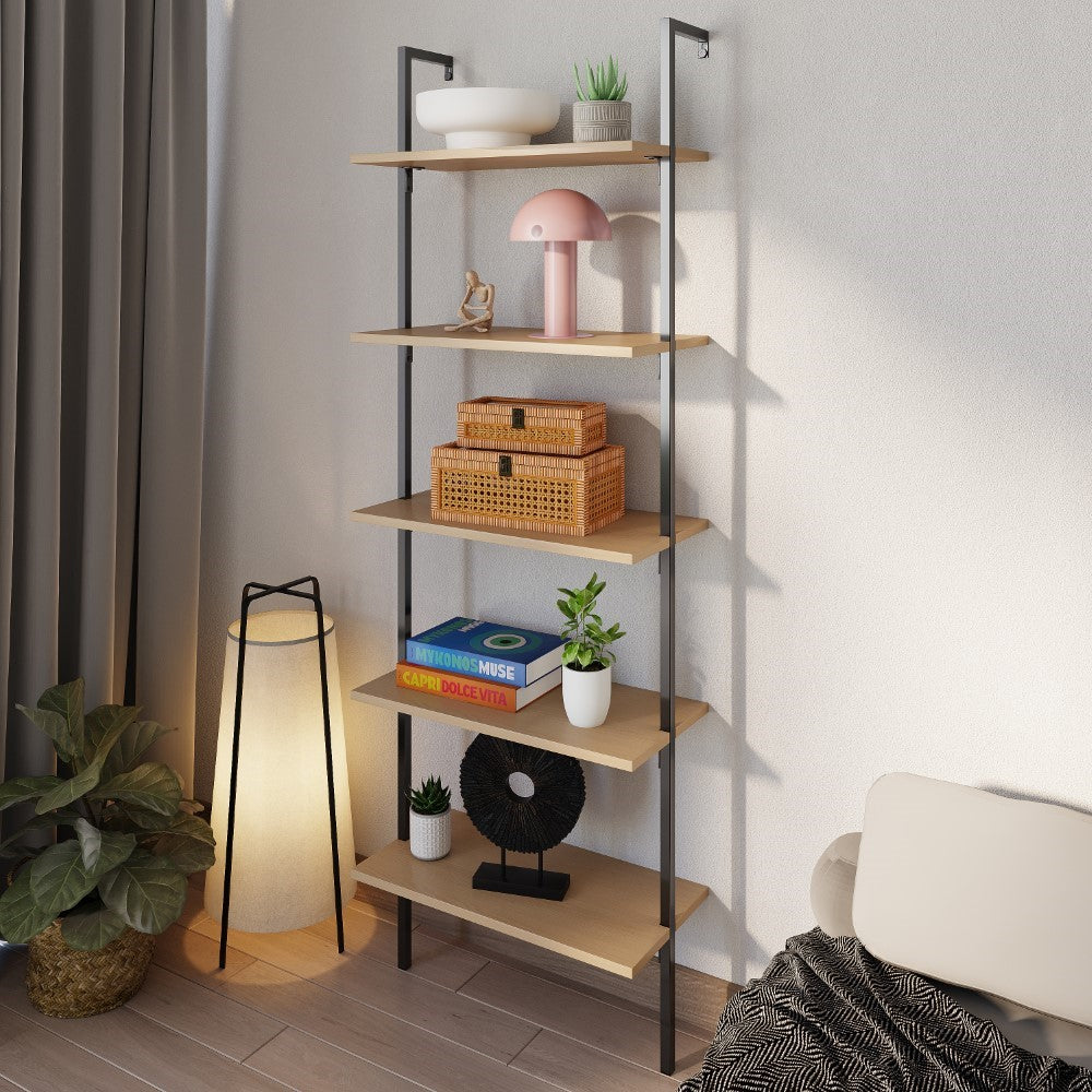 Aarushi 72.05" Classic Industrial 5-Shelf Wood Wall-Mounted Open Ladder Bookcase with Metal Frame