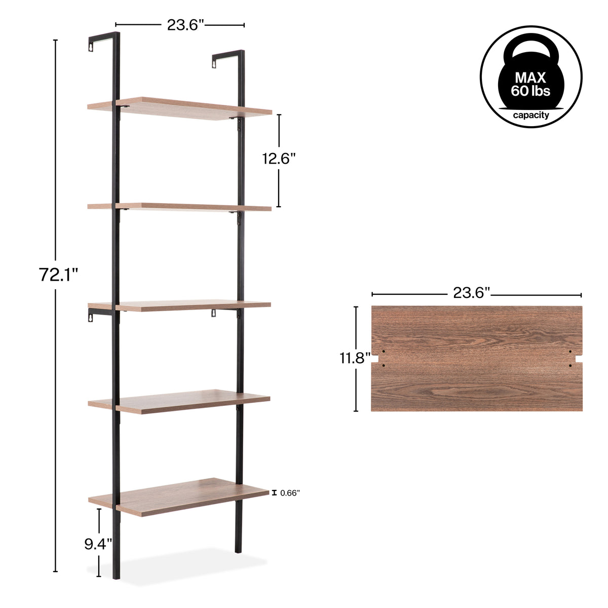 Aarushi 72.05" Classic Industrial 5-Shelf Wood Wall-Mounted Open Ladder Bookcase with Metal Frame