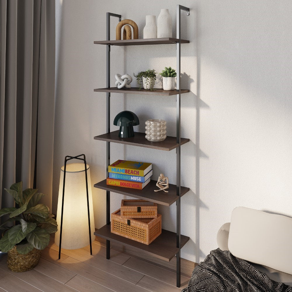 Aarushi 72.05" Classic Industrial 5-Shelf Wood Wall-Mounted Open Ladder Bookcase with Metal Frame