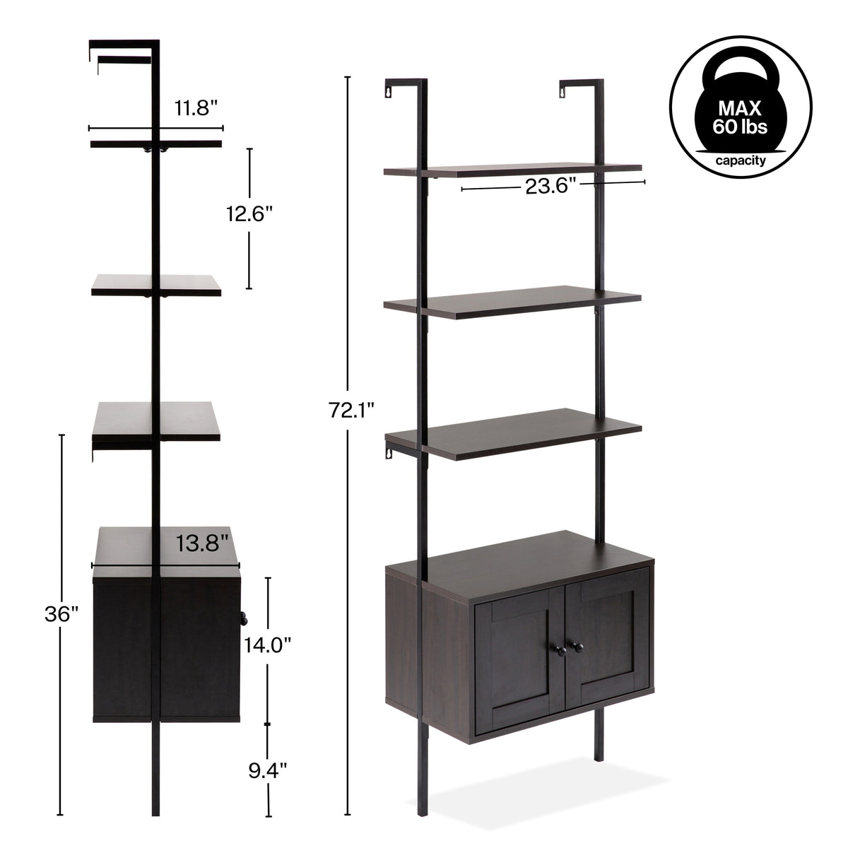 Orianna 72.05" MidCentury Industrial 4-Shelf Wood Wall-Mounted Open Ladder Bookcase with Cabinet and Metal Frame