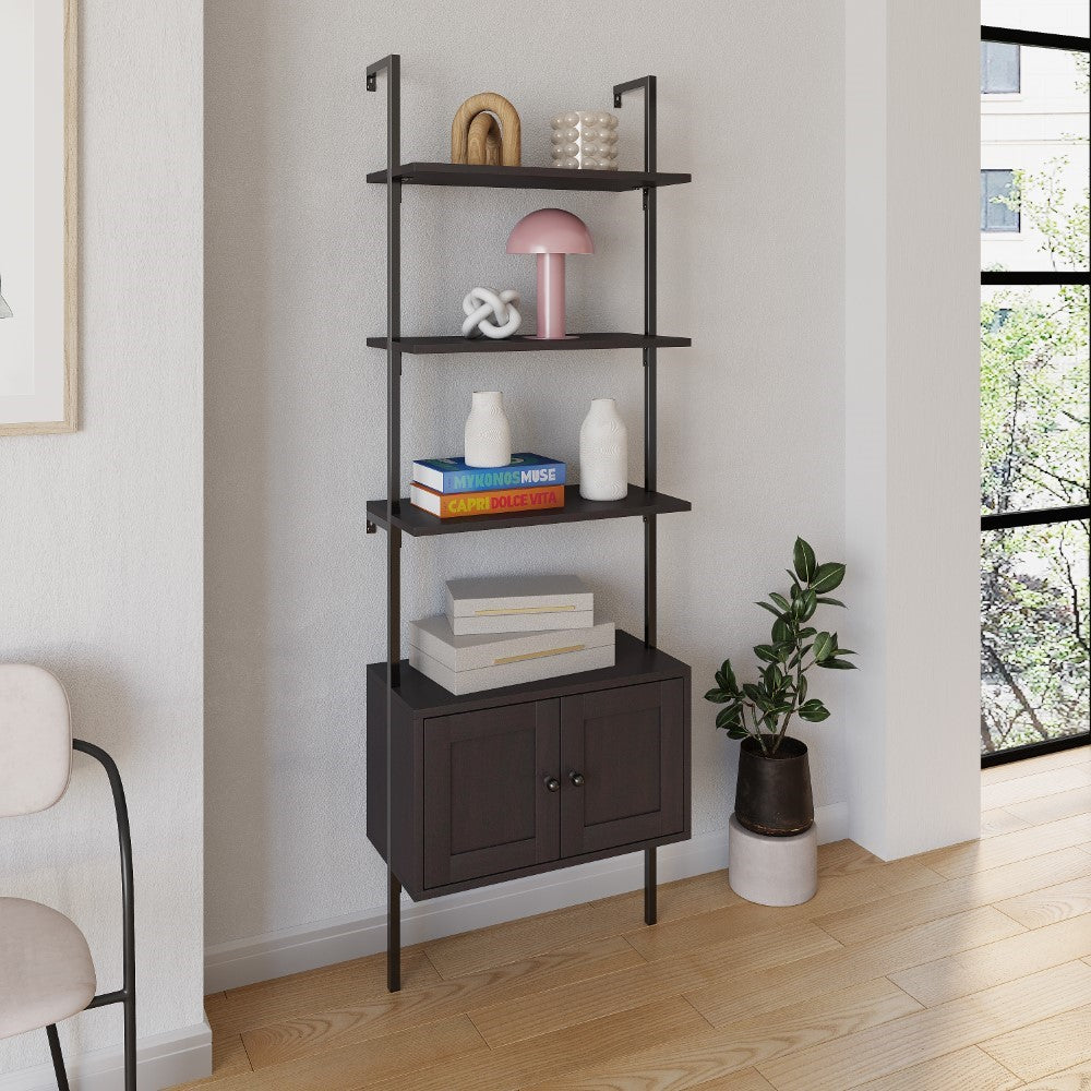 Orianna 72.05" MidCentury Industrial 4-Shelf Wood Wall-Mounted Open Ladder Bookcase with Cabinet and Metal Frame