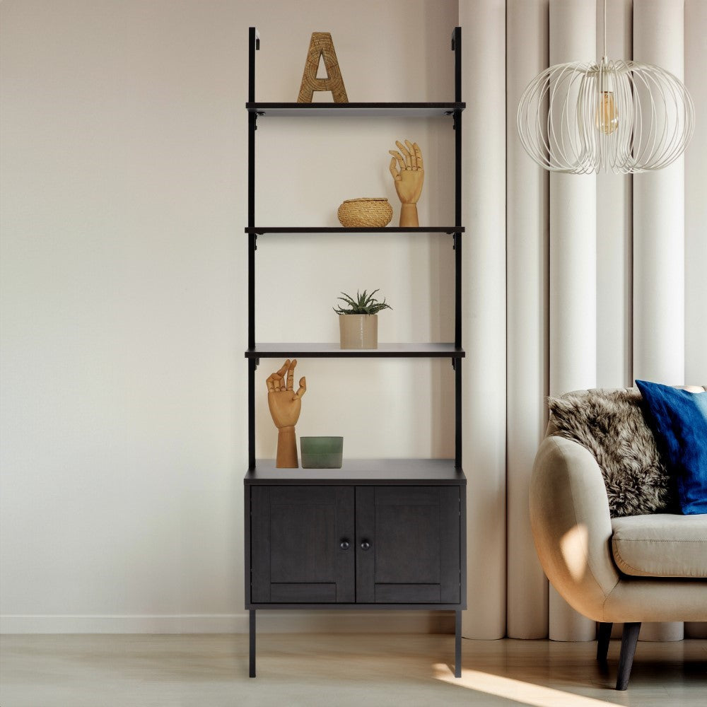 Orianna 72.05" MidCentury Industrial 4-Shelf Wood Wall-Mounted Open Ladder Bookcase with Cabinet and Metal Frame