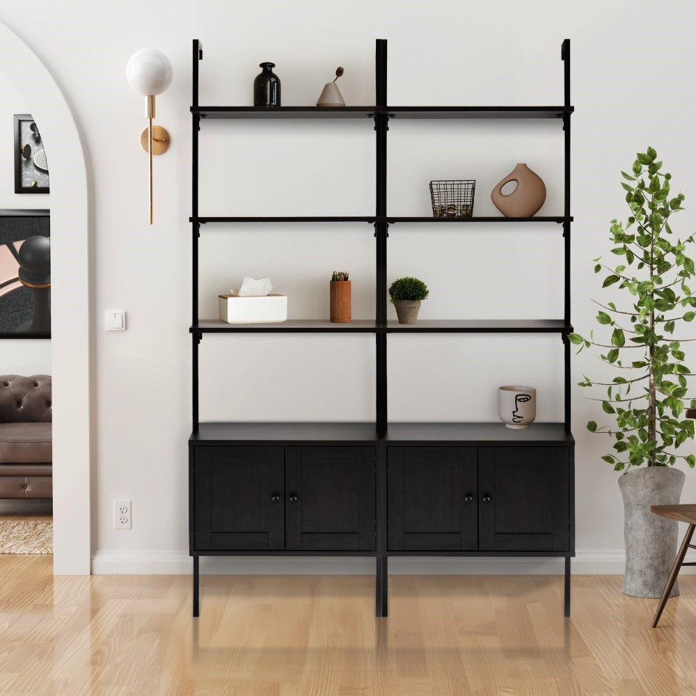 Orianna 72.05" MidCentury Industrial 4-Shelf Wood Wall-Mounted Open Ladder Bookcase with Cabinet and Metal Frame