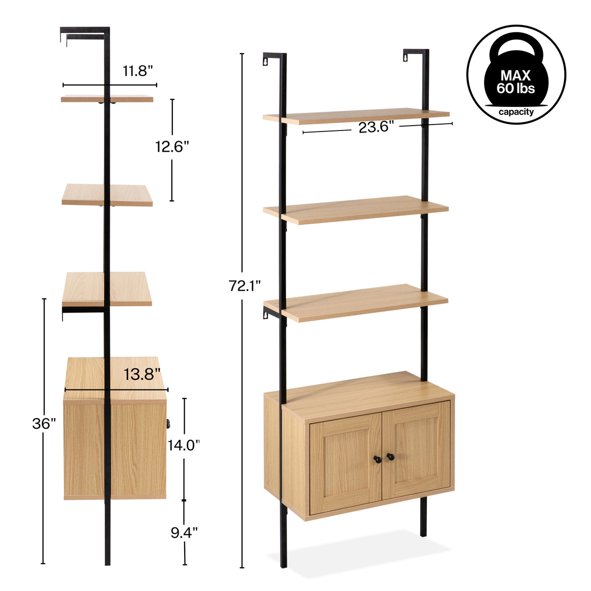 Orianna 72.05" MidCentury Industrial 4-Shelf Wood Wall-Mounted Open Ladder Bookcase with Cabinet and Metal Frame