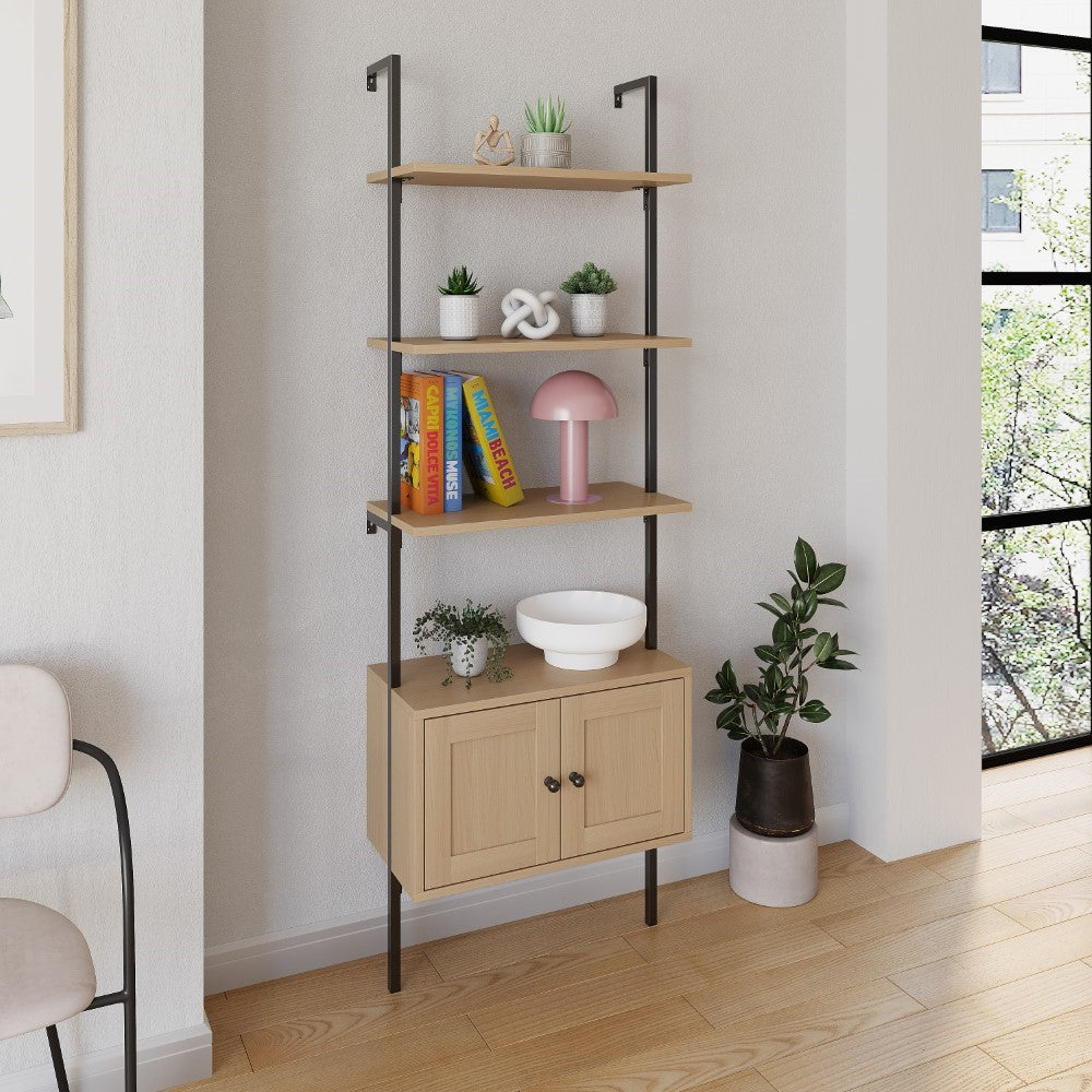 Orianna 72.05" MidCentury Industrial 4-Shelf Wood Wall-Mounted Open Ladder Bookcase with Cabinet and Metal Frame