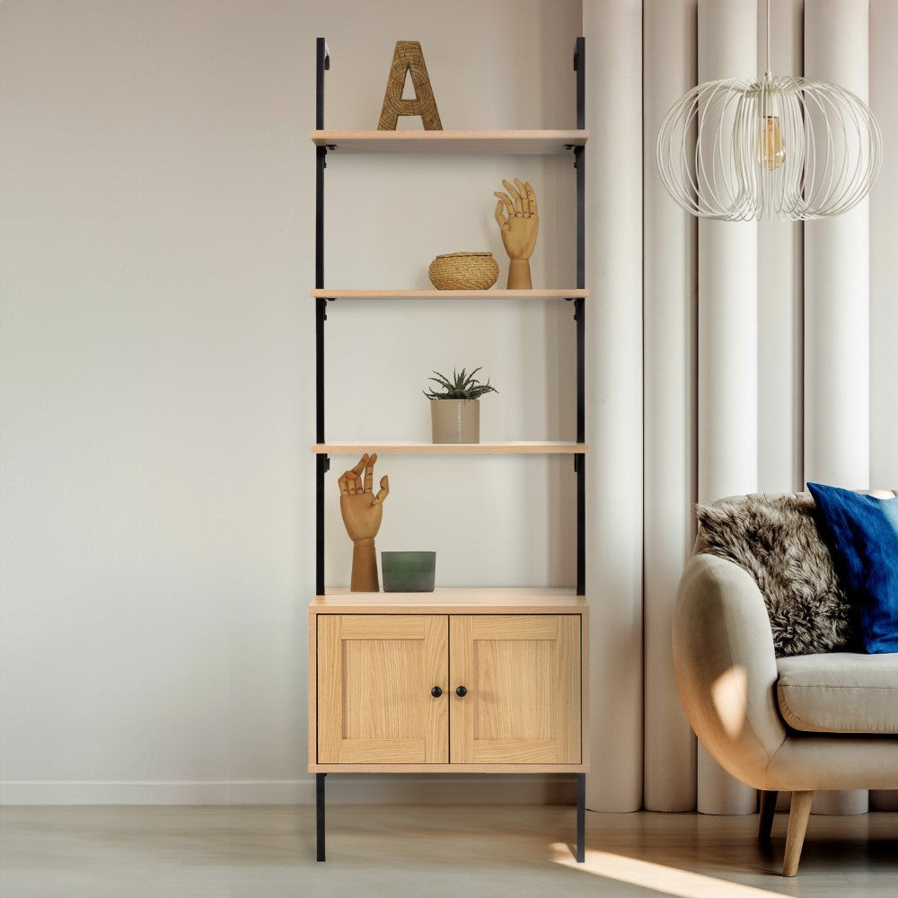 Orianna 72.05" MidCentury Industrial 4-Shelf Wood Wall-Mounted Open Ladder Bookcase with Cabinet and Metal Frame