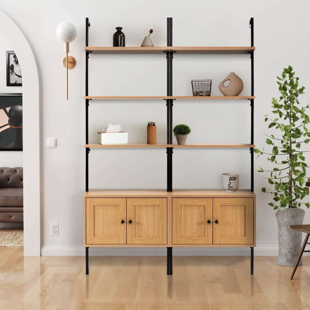 Orianna 72.05" MidCentury Industrial 4-Shelf Wood Wall-Mounted Open Ladder Bookcase with Cabinet and Metal Frame