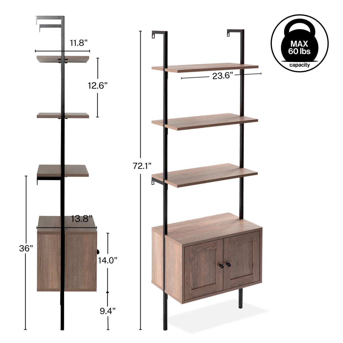 Orianna 72.05" MidCentury Industrial 4-Shelf Wood Wall-Mounted Open Ladder Bookcase with Cabinet and Metal Frame