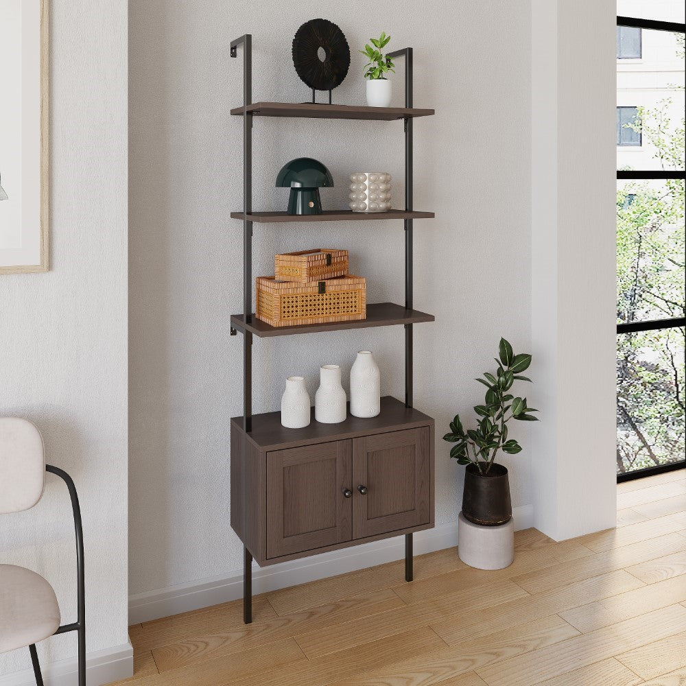 Orianna 72.05" MidCentury Industrial 4-Shelf Wood Wall-Mounted Open Ladder Bookcase with Cabinet and Metal Frame