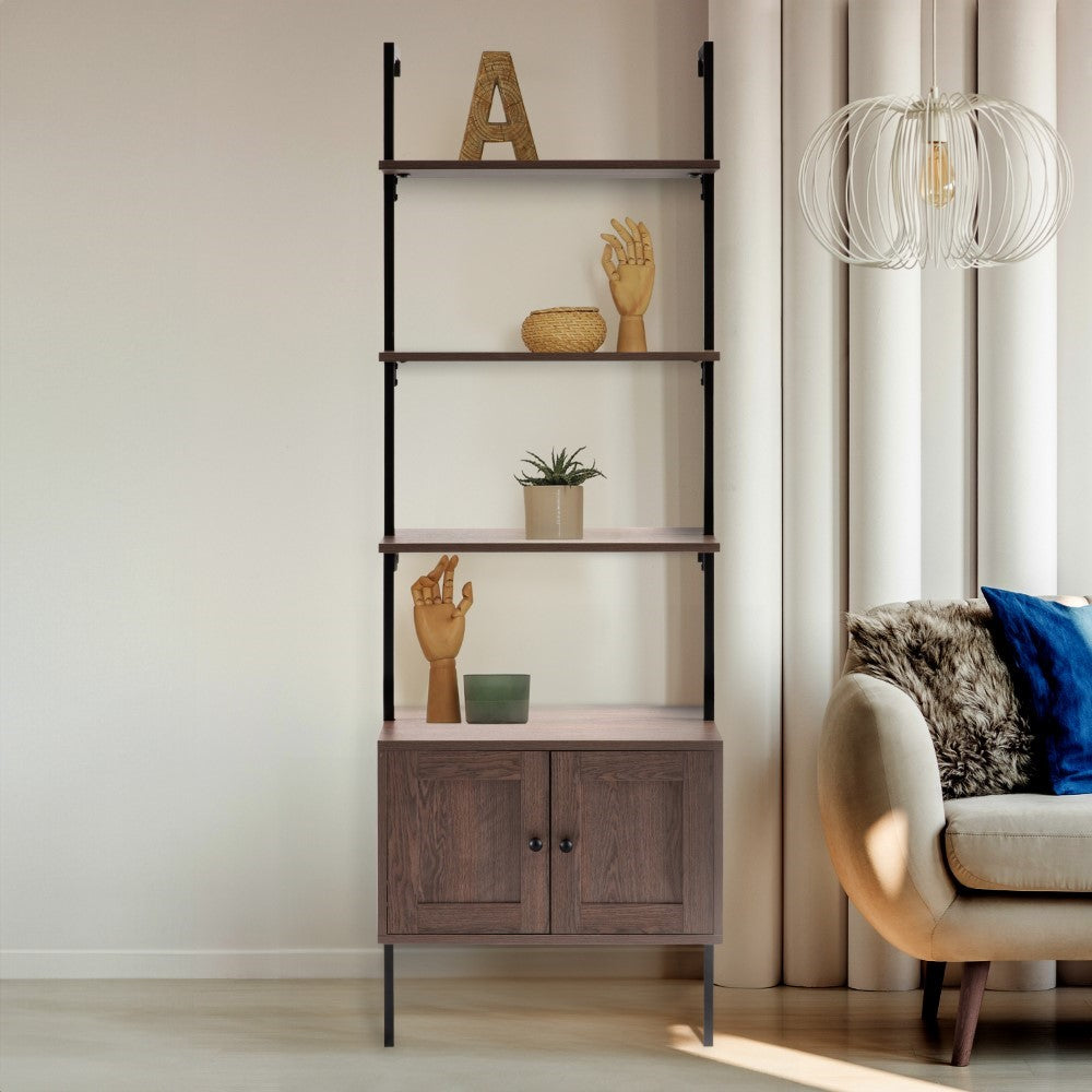 Orianna 72.05" MidCentury Industrial 4-Shelf Wood Wall-Mounted Open Ladder Bookcase with Cabinet and Metal Frame