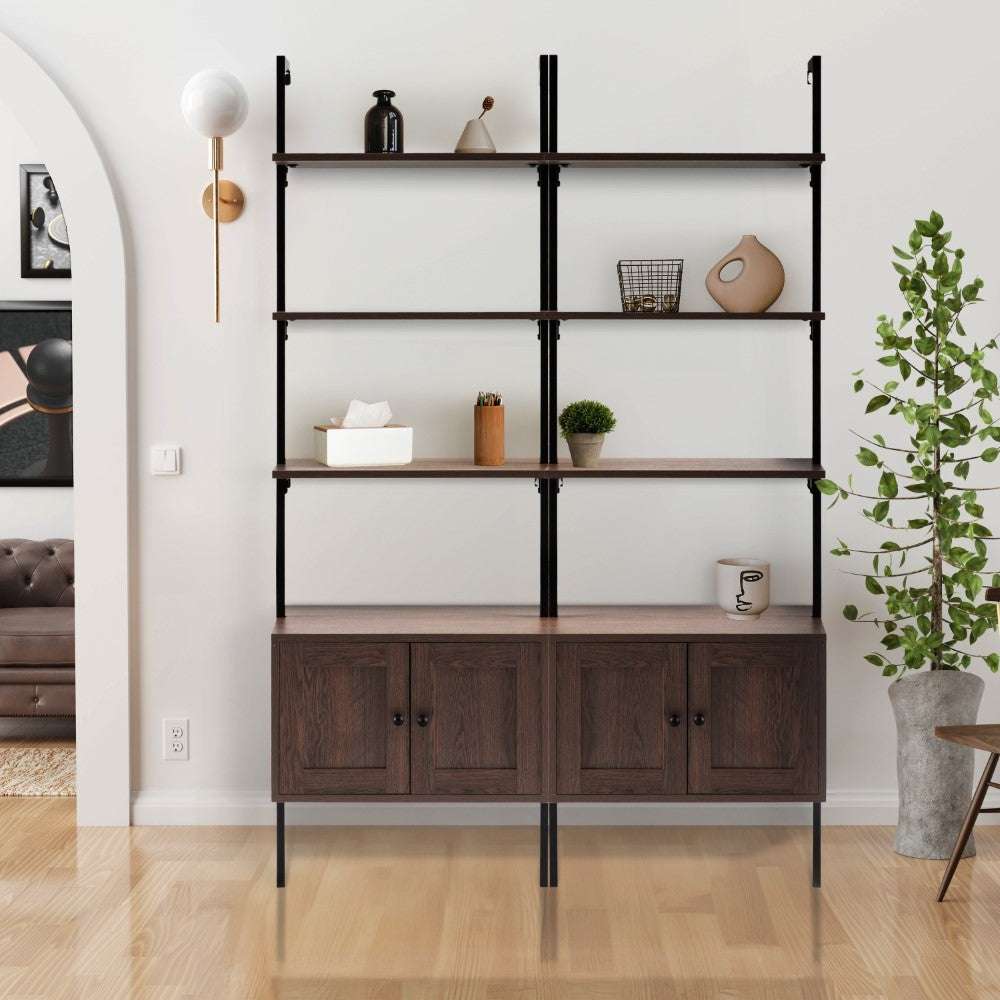 Orianna 72.05" MidCentury Industrial 4-Shelf Wood Wall-Mounted Open Ladder Bookcase with Cabinet and Metal Frame