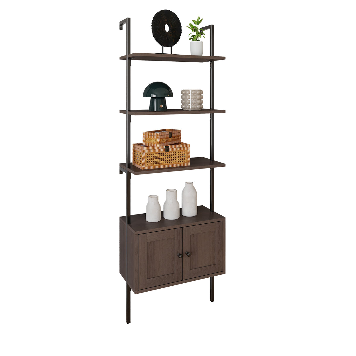 Orianna 72.05" MidCentury Industrial 4-Shelf Wood Wall-Mounted Open Ladder Bookcase with Cabinet and Metal Frame