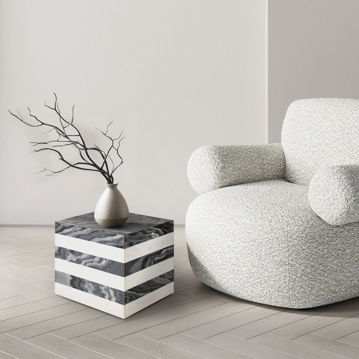 Erosia 15" Contemporary Natural Marble Handmade Cube End Table