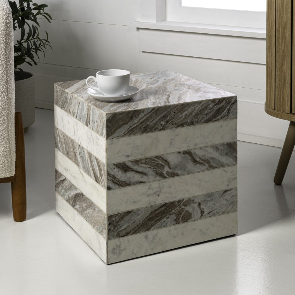 Erosia 15" Contemporary Natural Marble Handmade Cube End Table