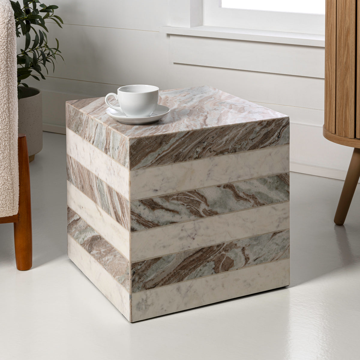Erosia 15" Contemporary Natural Marble Handmade Cube End Table
