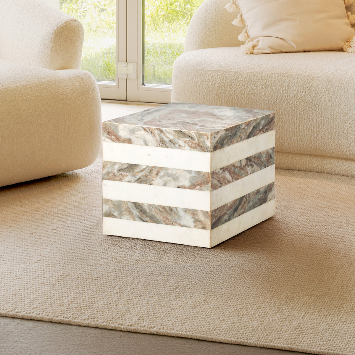 Erosia 15" Contemporary Natural Marble Handmade Cube End Table