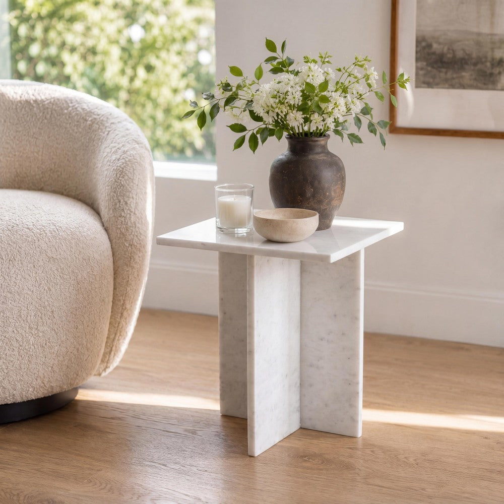 Stone 18.5" Contemporary Natural Marble Handmade T-Shaped End Table
