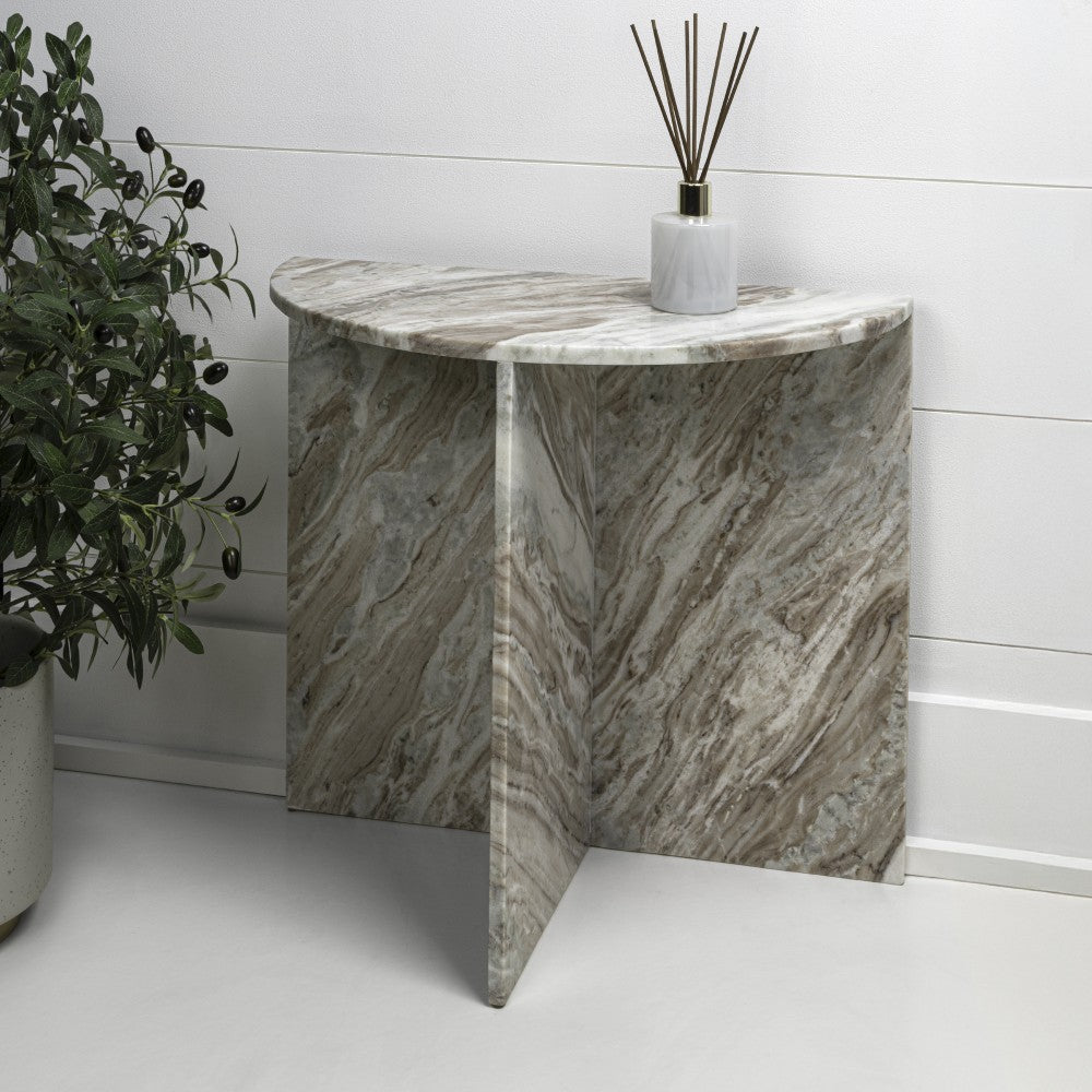 Yarrow 20" Art Deco Minimalist Natural Marble Handmade Demilune Side Table