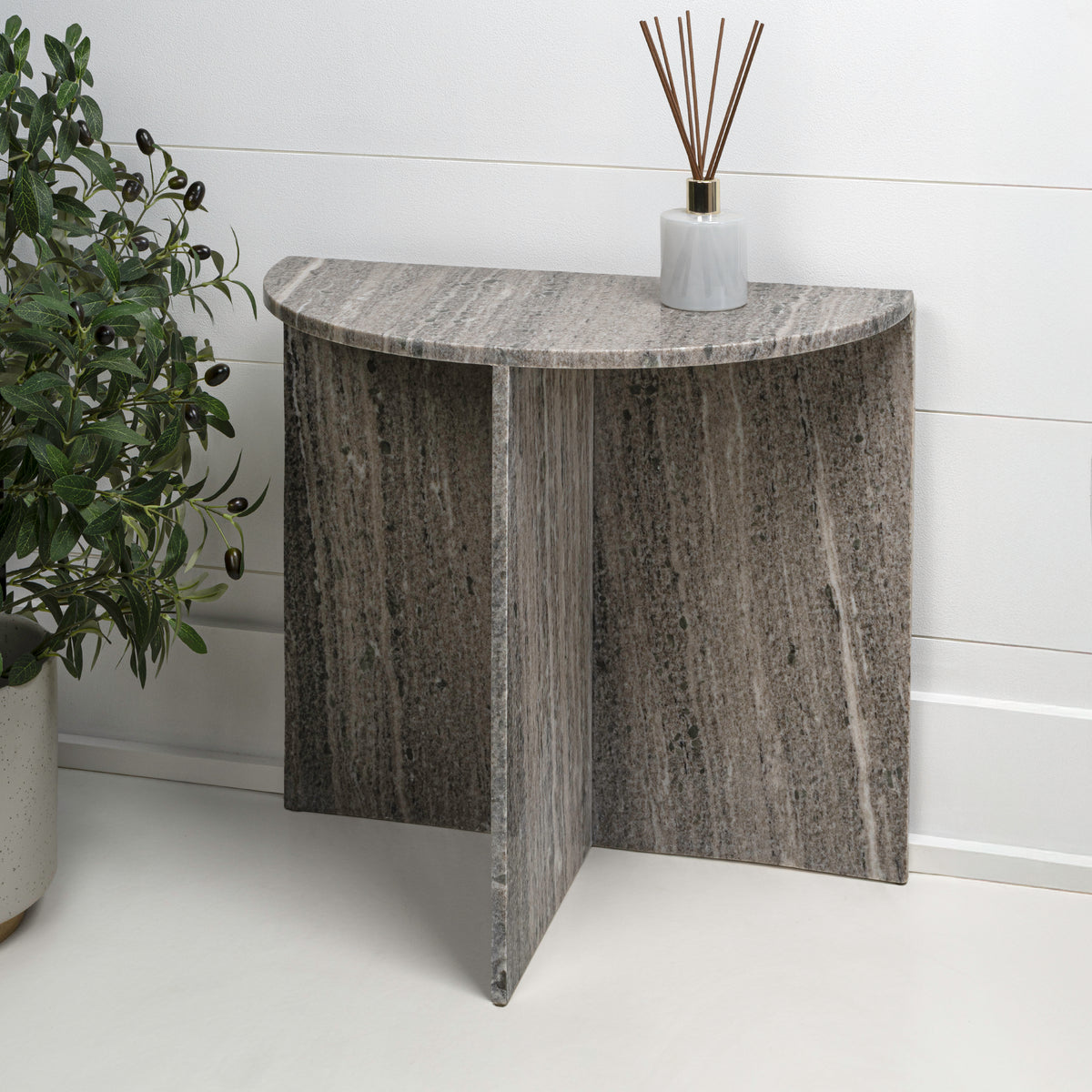 Yarrow 20" Art Deco Minimalist Natural Marble Handmade Demilune Side Table