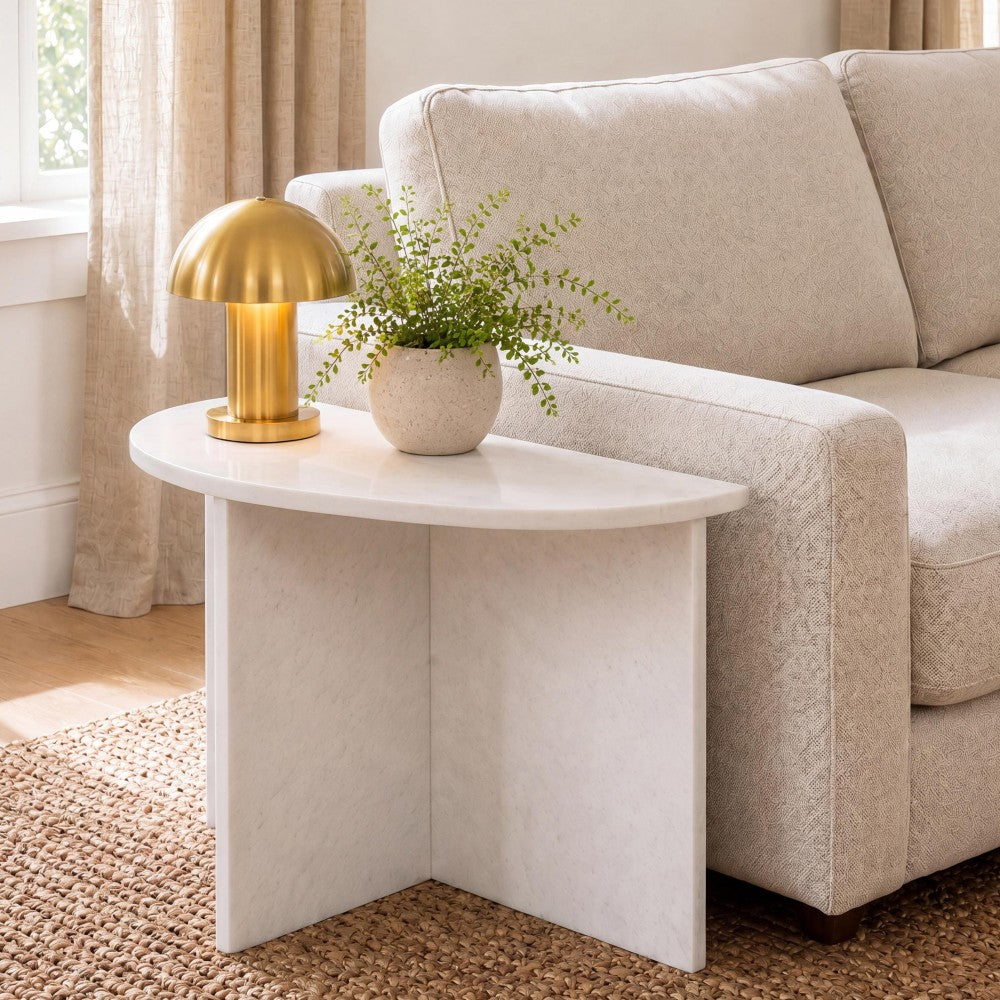 Yarrow 20" Art Deco Minimalist Natural Marble Handmade Demilune Side Table