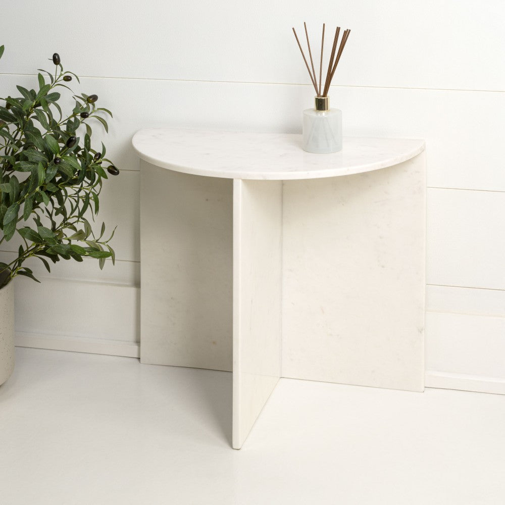 Yarrow 20" Art Deco Minimalist Natural Marble Handmade Demilune Side Table
