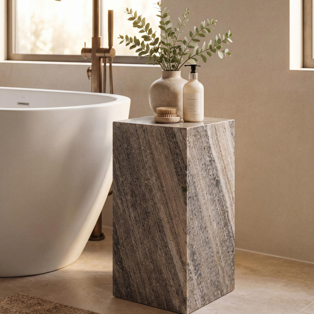 Reed 18" Contemporary Solid Natural Marble Handmade Square Plinth Block Pedestal End Table