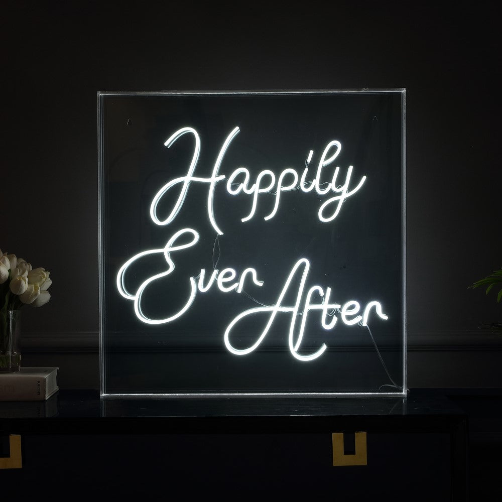 HAPPILY Ever After Square Contemporary Glam Acrylic Box USB Operated LED Neon Light
