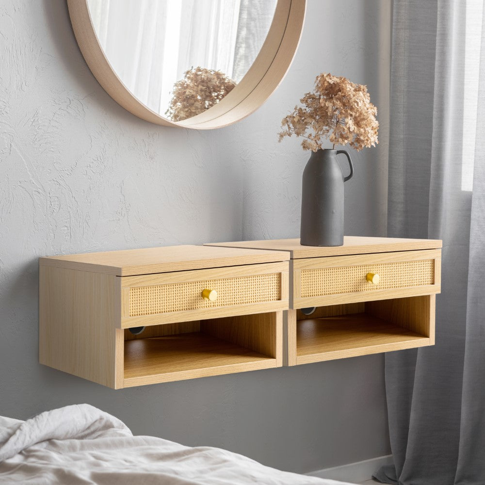 Laurel 15.71" Mid-Century Modern Floating Wall Mounted Nightstand with Soft-Close Rattan Drawer and Cable Hole