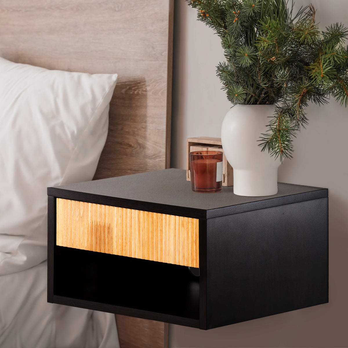 Cepee 15.71" Classic Contemporary Floating Wall Mounted Nightstand with Soft-Close Tambour Drawer and Cable Hole