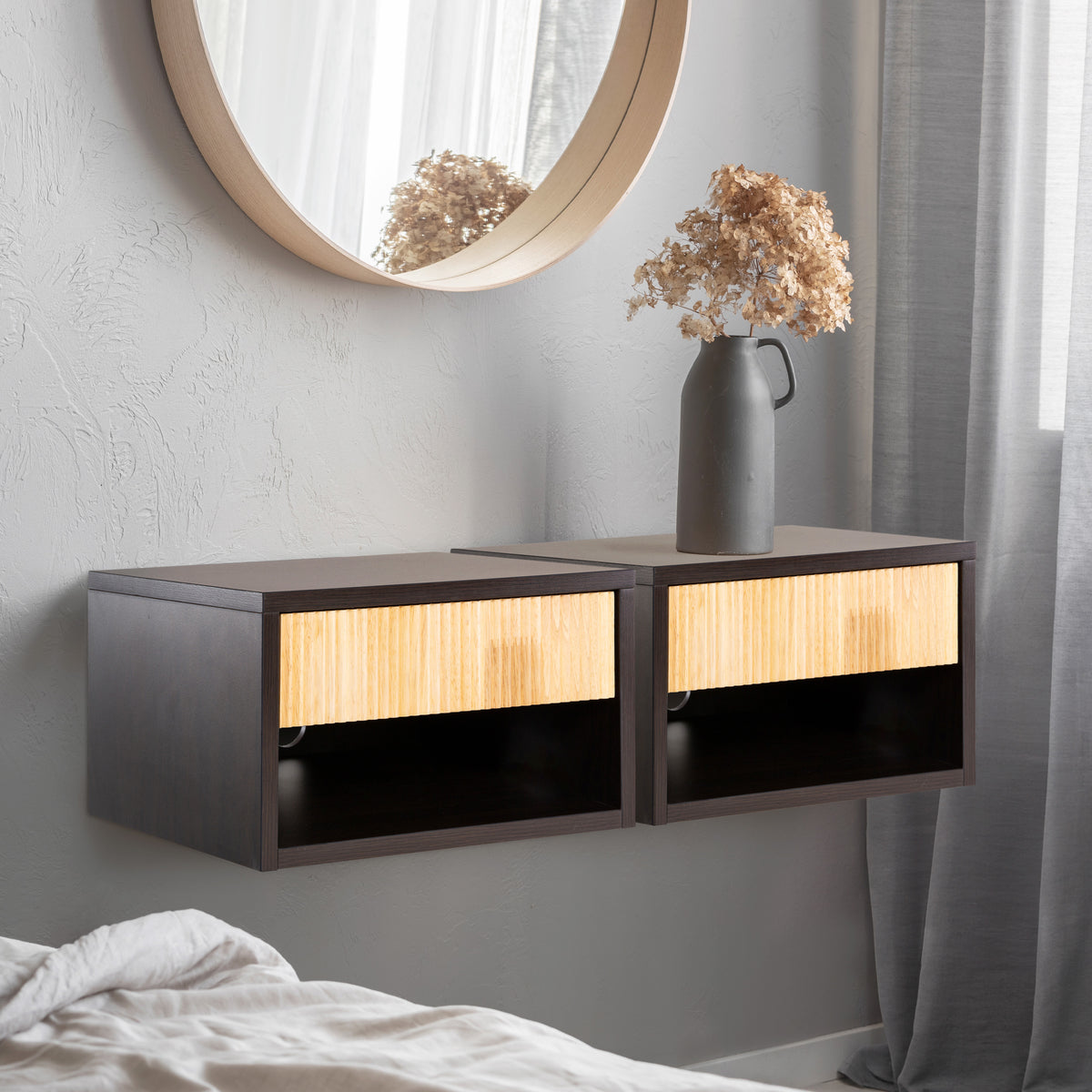 Cepee 15.71" Classic Contemporary Floating Wall Mounted Nightstand with Soft-Close Tambour Drawer and Cable Hole