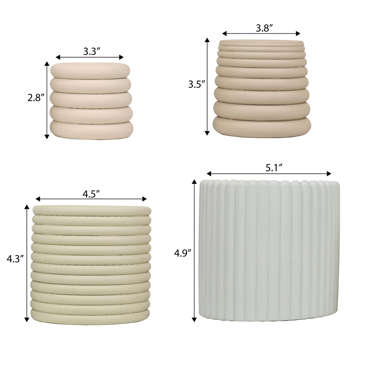 Veyra Modern Minimalist Handmade Concrete Fluted Sculptural Cylinder Planter Set with Drainage Holes