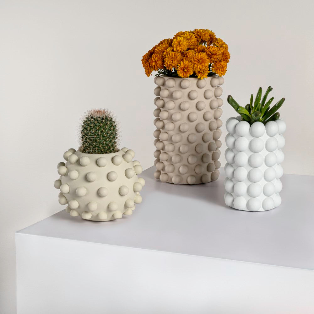 Nyra Modern Minimalist Handmade Concrete Bubble Cylinder and Round Planter Set