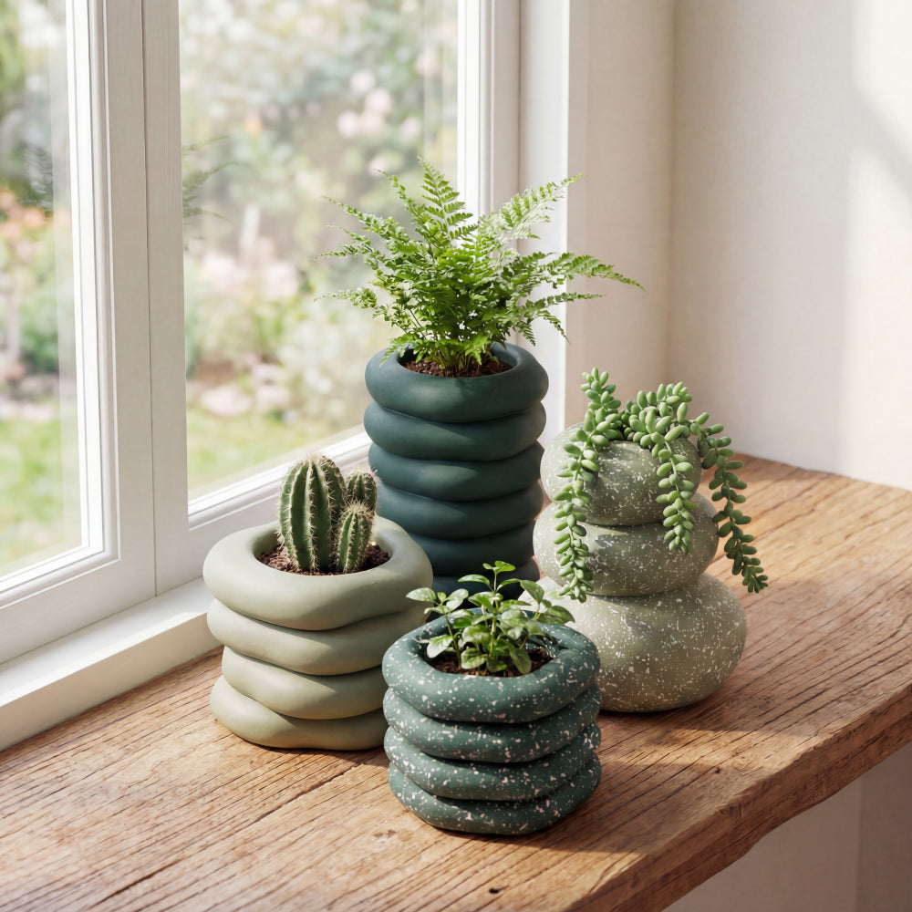 Zyra Modern Minimalist Handmade Concrete Stacked Ring Planter Set with Drainage Holes