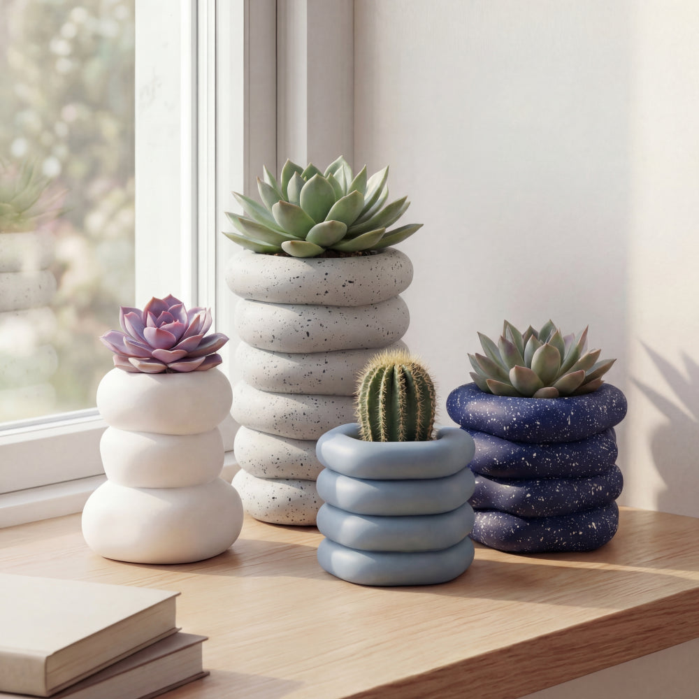 Zyra Modern Minimalist Handmade Concrete Stacked Ring Planter Set with Drainage Holes