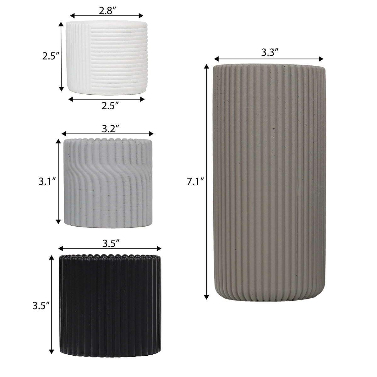 Floren Modern Minimalist Handmade Concrete Fluted Cylinder Planter Set
