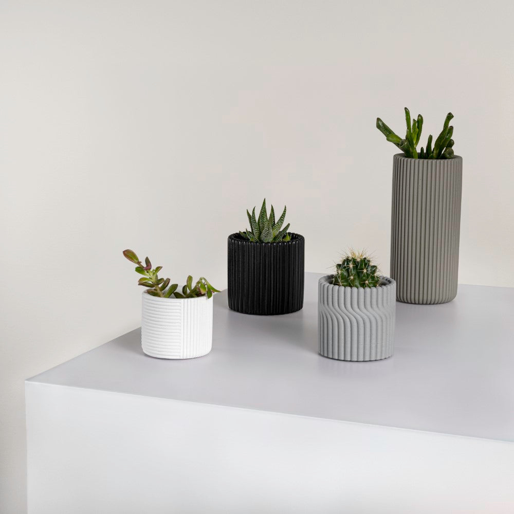 Floren Modern Minimalist Handmade Concrete Fluted Cylinder Planter Set