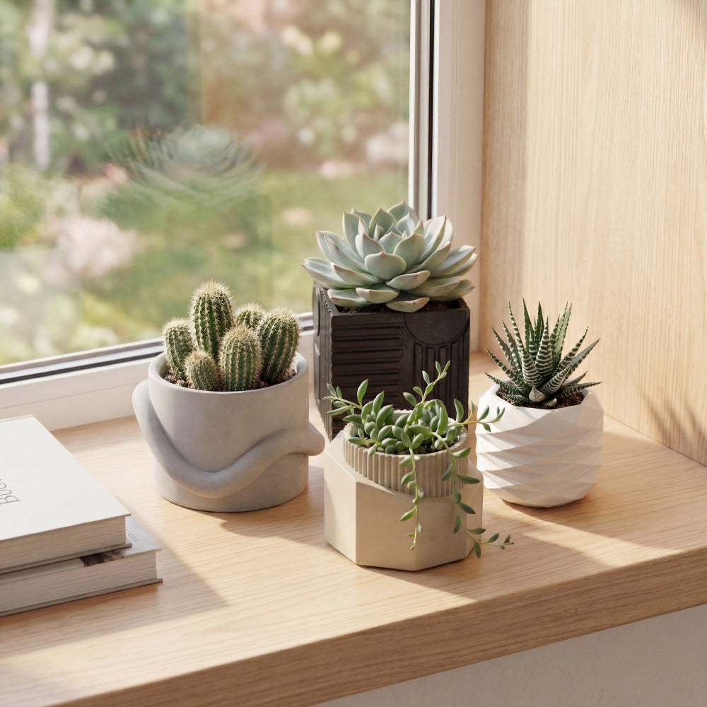 Mossel Modern Minimalist Handmade Concrete Geometric Planter Set with Drainage Holes