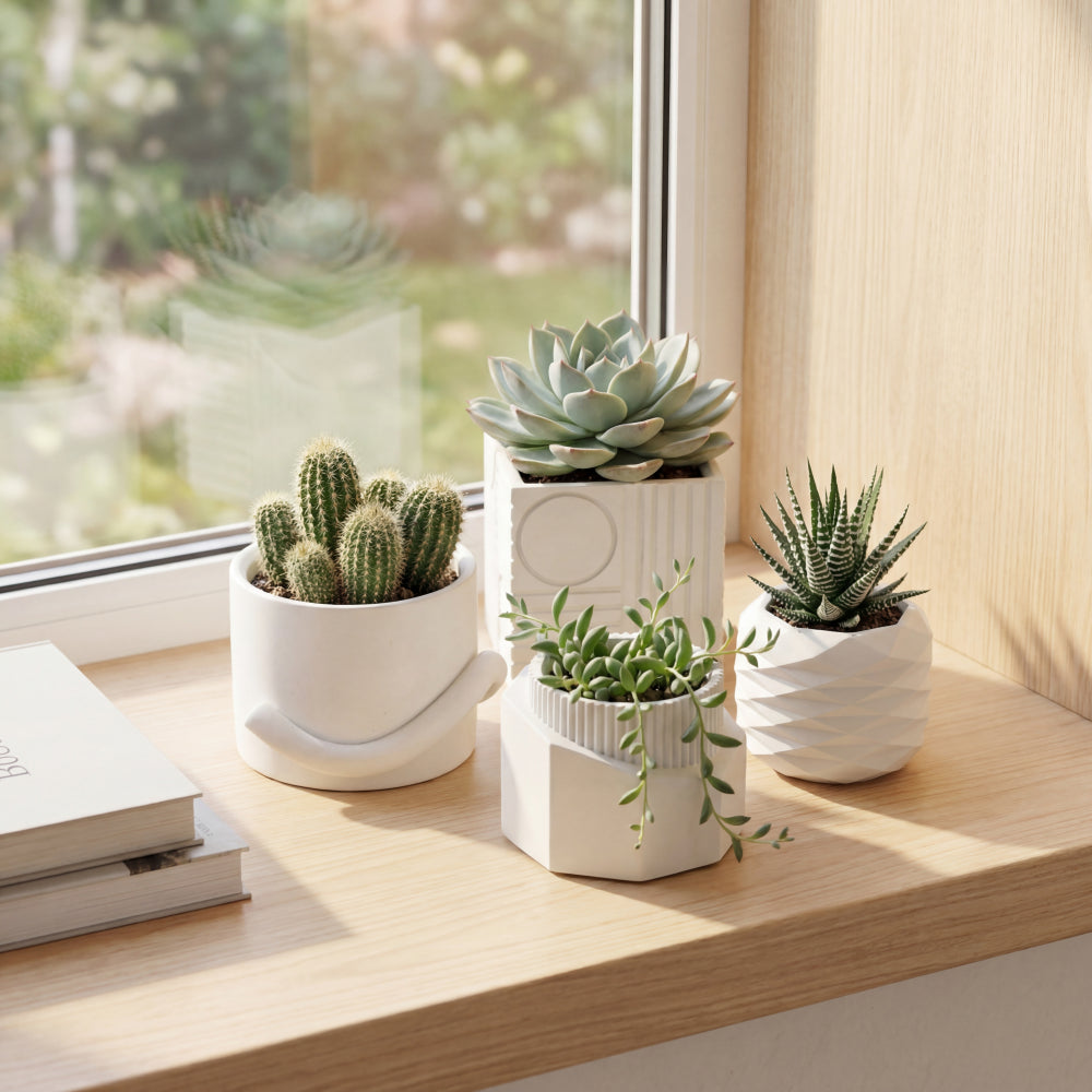 Mossel Modern Minimalist Handmade Concrete Geometric Planter Set with Drainage Holes