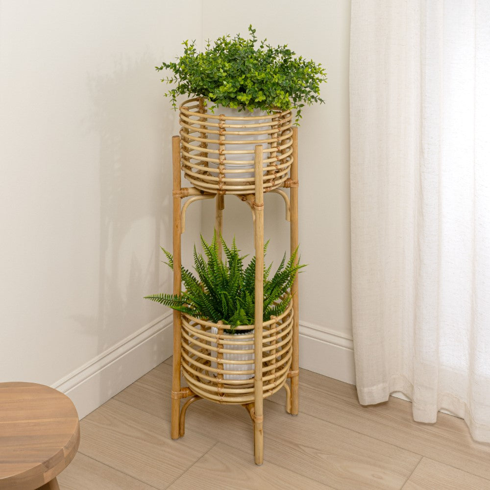 Leafra 33.5" Bohemian Minimalist Handmade 2-Tier Rattan Indoor Planter Stand