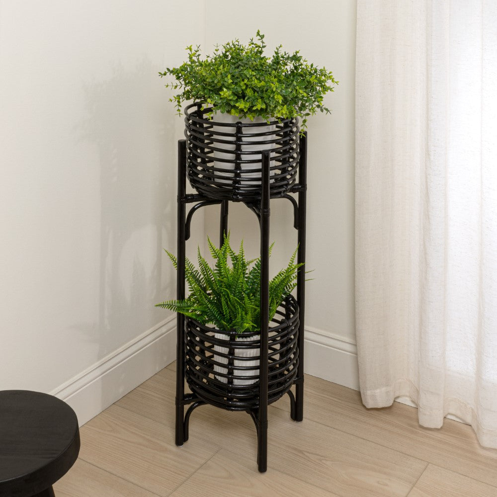 Leafra 33.5" Bohemian Minimalist Handmade 2-Tier Rattan Indoor Planter Stand